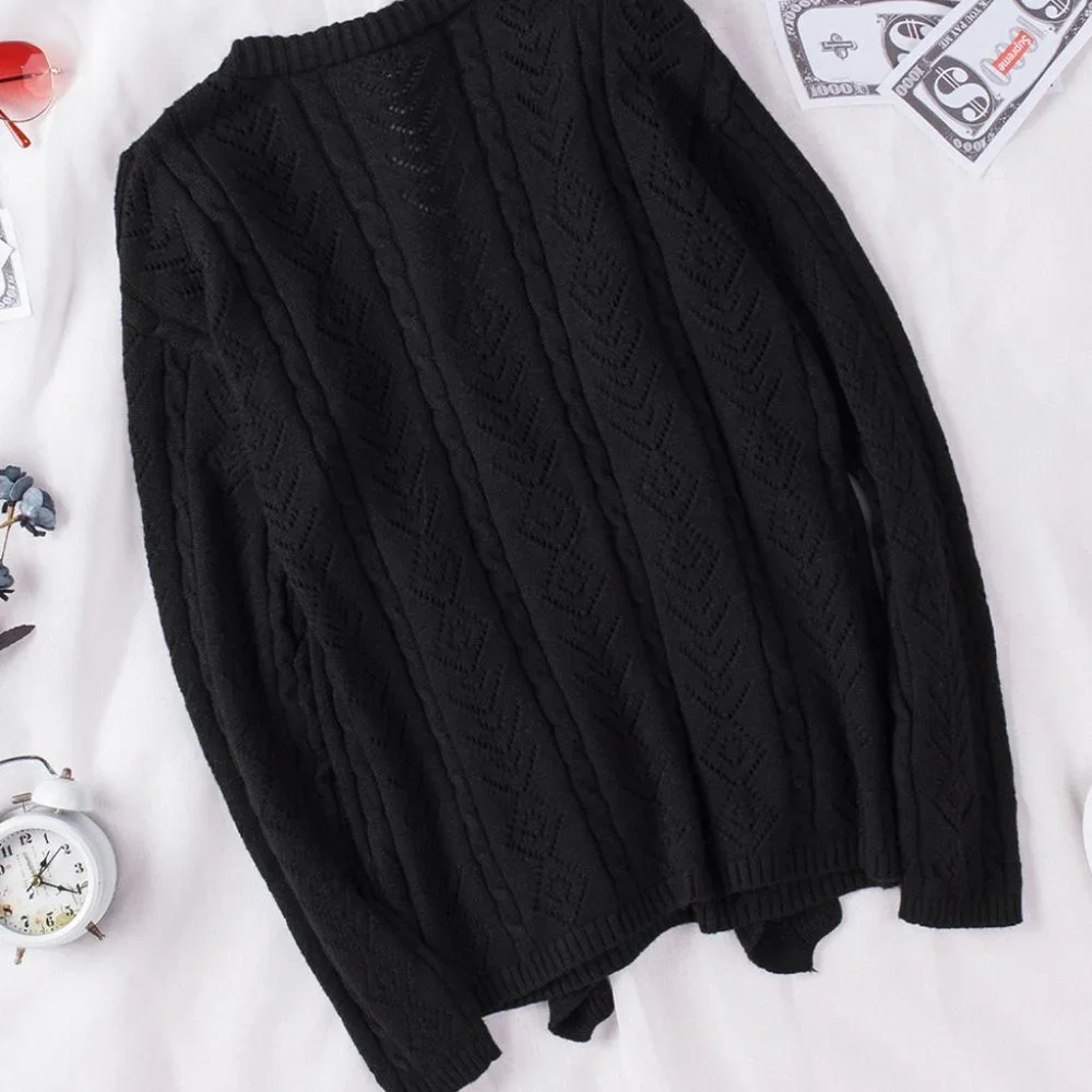 Black Ruffled Buttoned Open Front Knitted Sweater - Picture 8 of 16